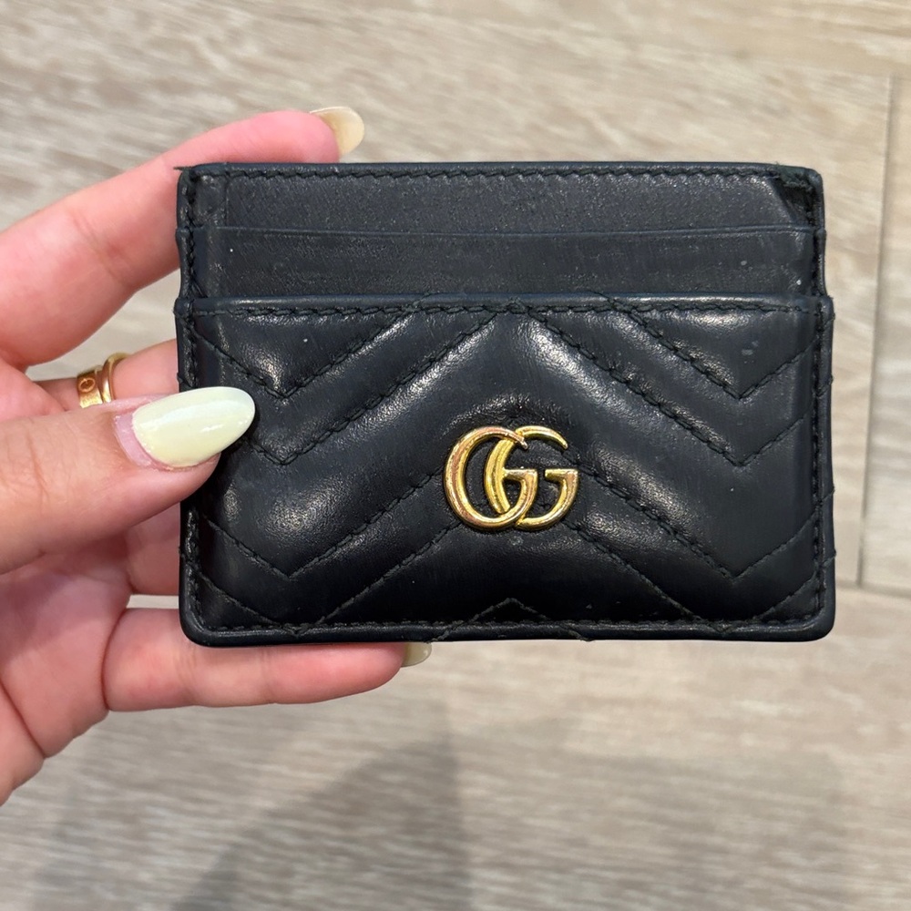 Gucci Black Quilted Leather Card Holder with Gold Logo